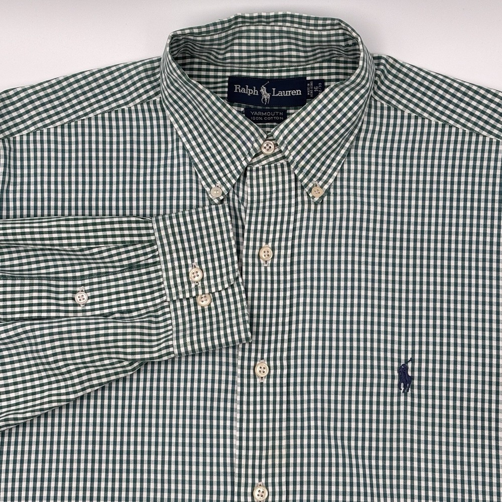 Ralph Lauren Yarmouth Gingham Button Down Shirt Men 16 32/33 Green Cotton